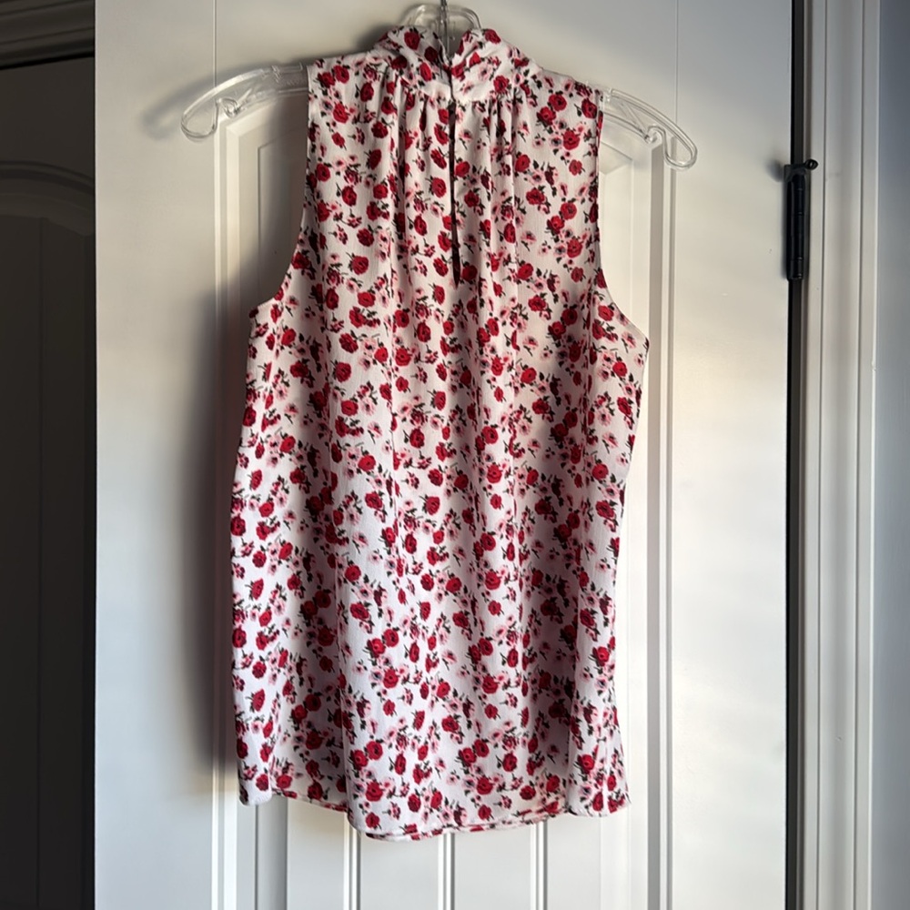 Ann Taylor Factory Sleeveless Ruffle Neck Floral Blouse - White & Red - Picture 2 of 6